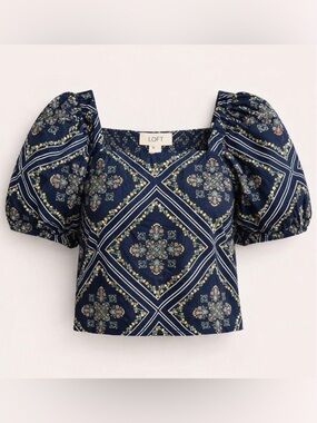 LOFT Navy Puff Sleeve Square-Neck Floral Bandana Top
